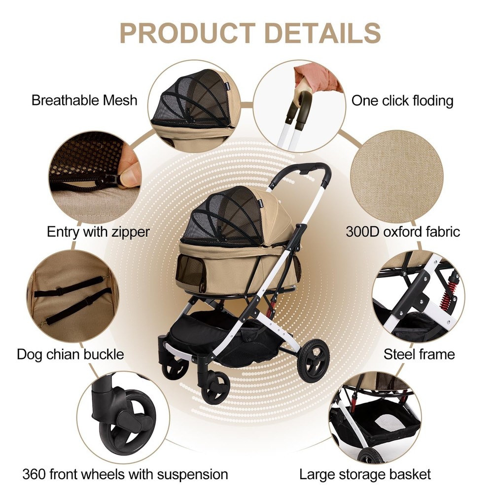 Pet Stroller for Medium Small Dog & Cat, Foldable Lightweight Dog Stroller wi...