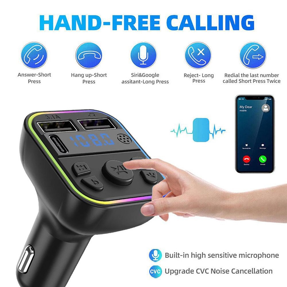 Car Bluetooth FM Transmitter Adapter PD Type-C Dual USB Fast Charger 12V-24V