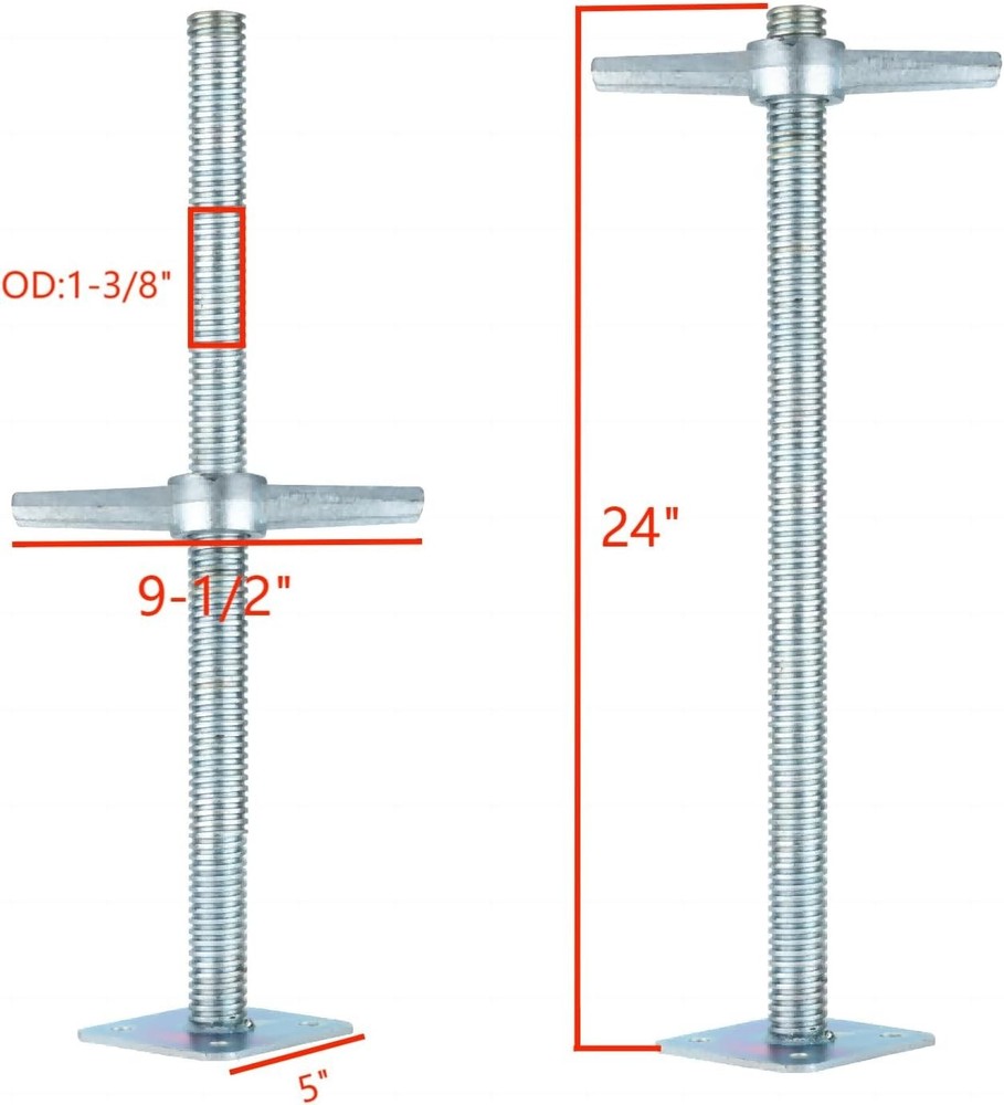 Scaffold 24" Adjustable Leveling Galvanized Screw Jack with Base Plate, 4 Pack