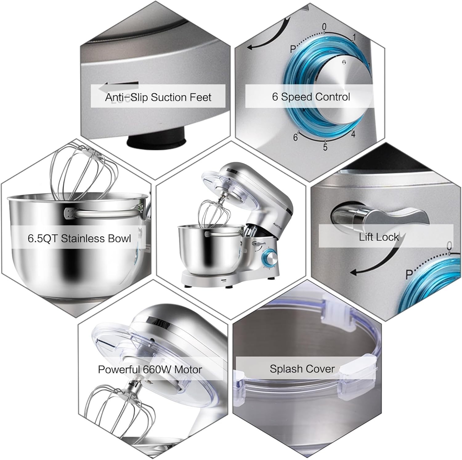 Stand Mixer 6.5QT 660W 6Speed Tilt-Head Multi - functional Dough Mixer Aucma
