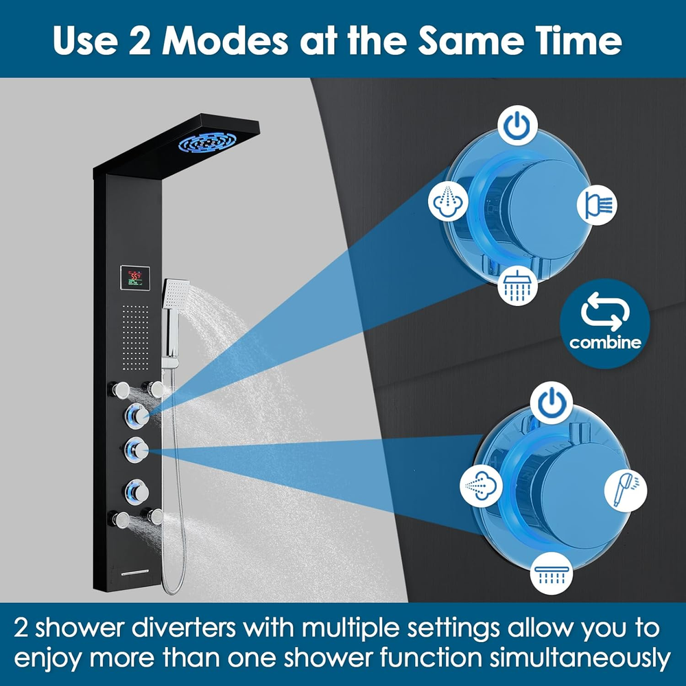 Led Shower Panel Tower System with Mist Rainfall Shower, Body Jets, Handheld and