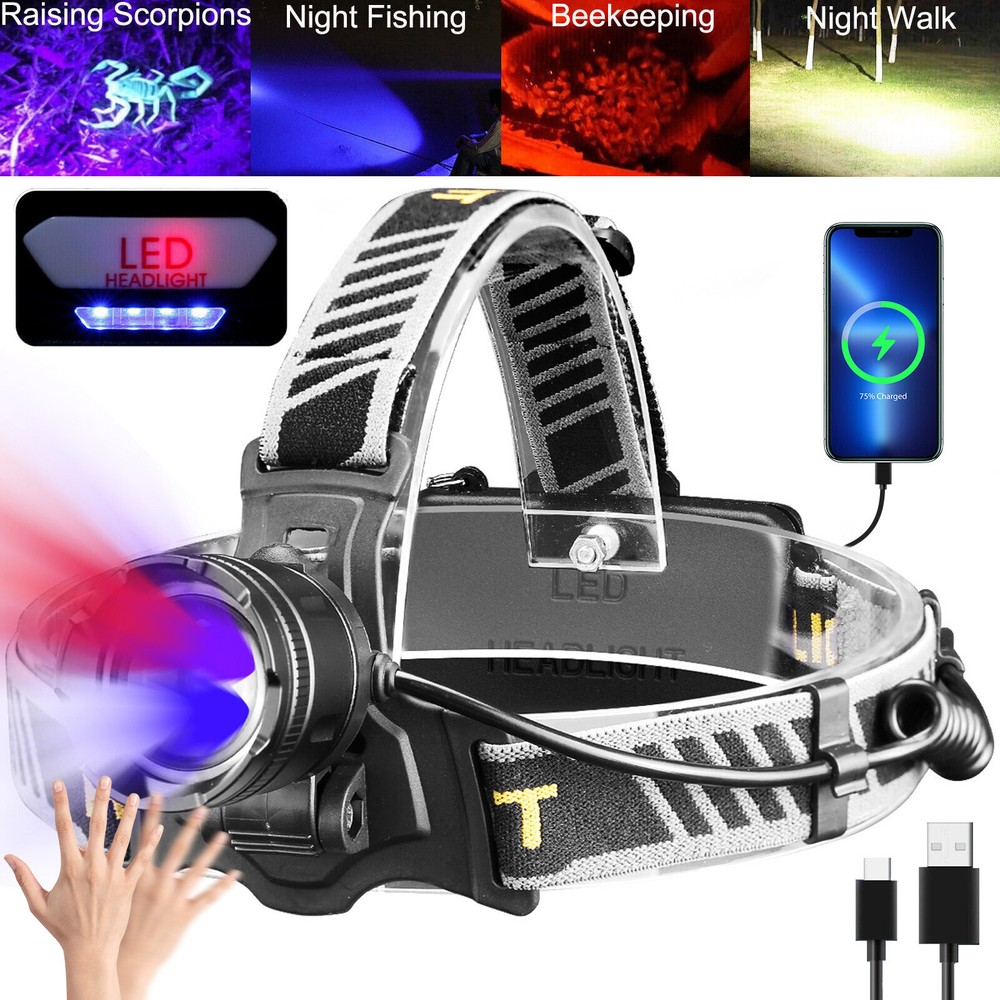 Bright White/Blue/Purple/Red LED Headlamp Rechargeable Motion Sensor Head Torch