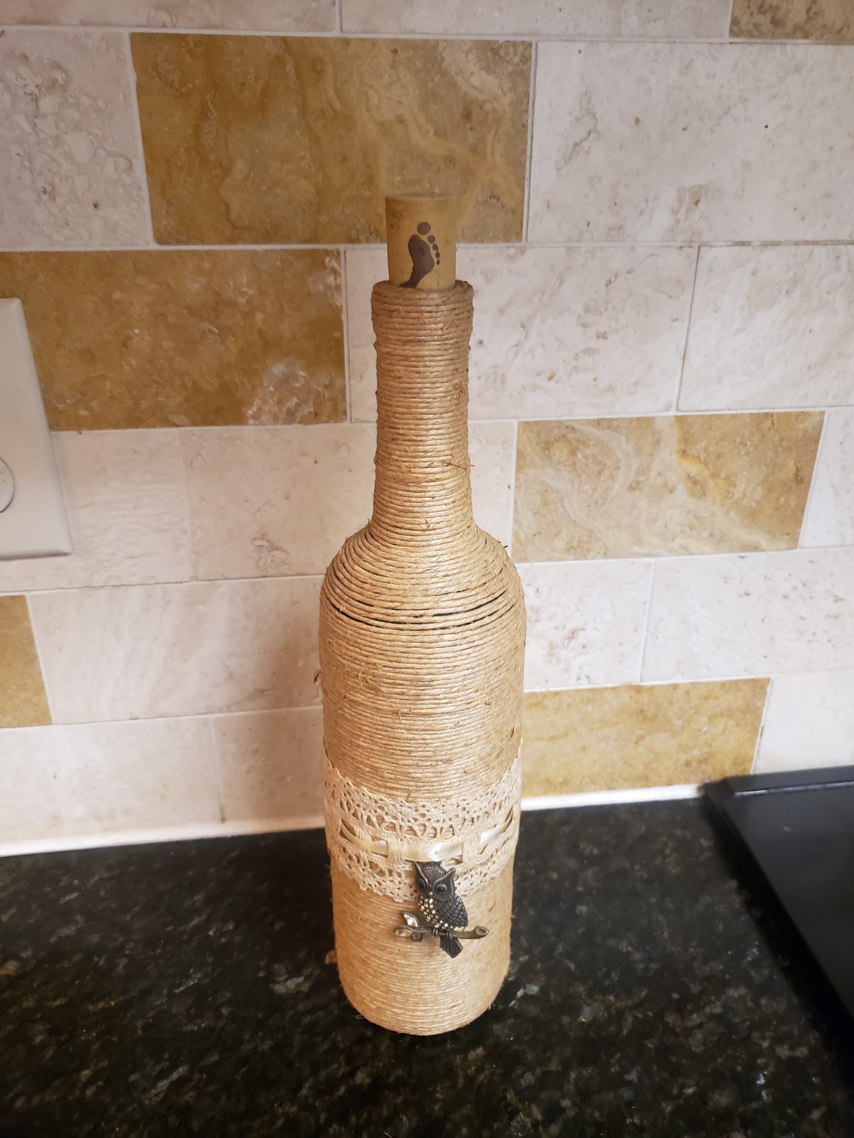 Handmade Twine Wrapped Wine Bottle Flower Vase W Owl Accent