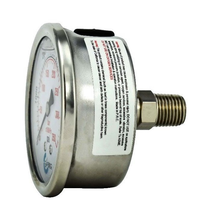 2.5" LIQUID FILLED PRESSURE GAUGE 0 - 300 PSI, STAINLESS STEEL CASE BACK MOUNT