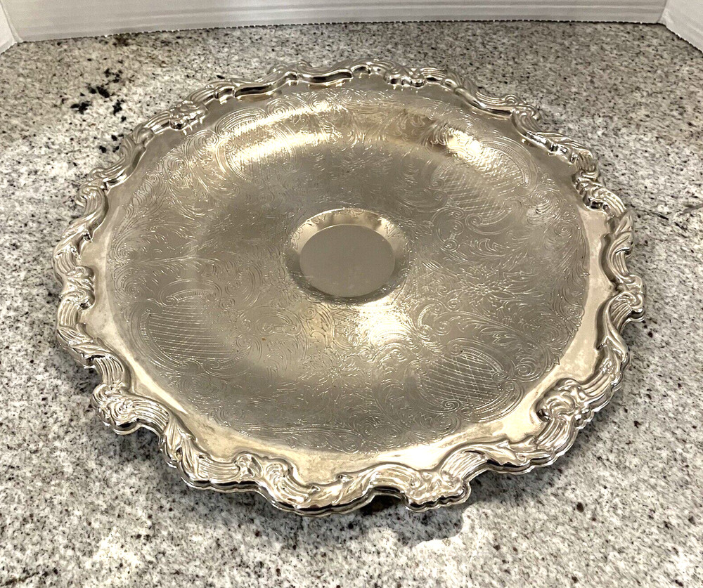International Silver Co. Round Serving Platter w/ Etching & Scroll Edge