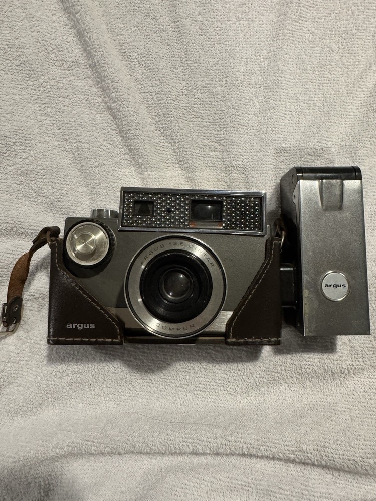 Argus Autronic 35mm Camera Silver Black with Case & Flash Attachment
