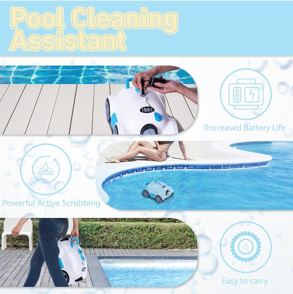 Hinice Cordless Robotic Pool Cleaner, Automatic Pool Vacuum Robot (White/Blue)