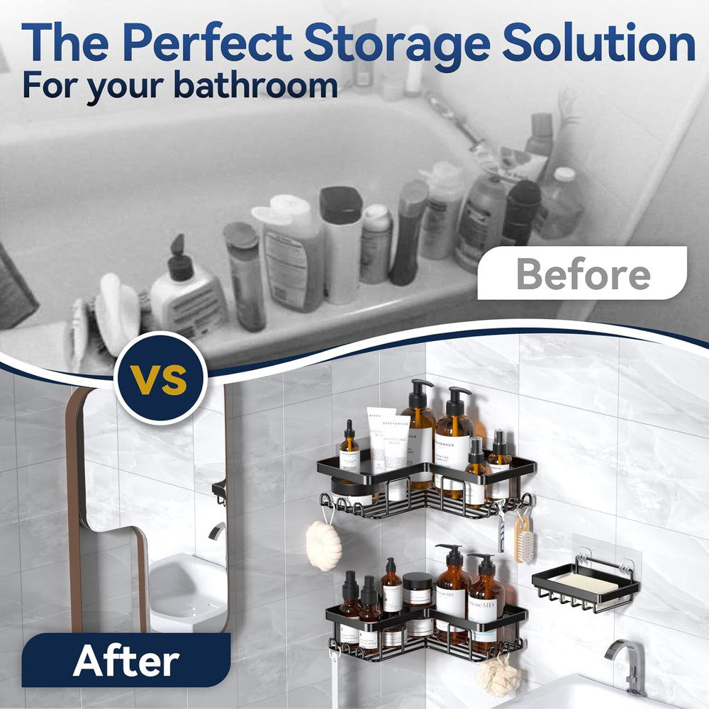 Rustproof Stainless Steel Corner Shower Caddy with Hooks - 3-Pack