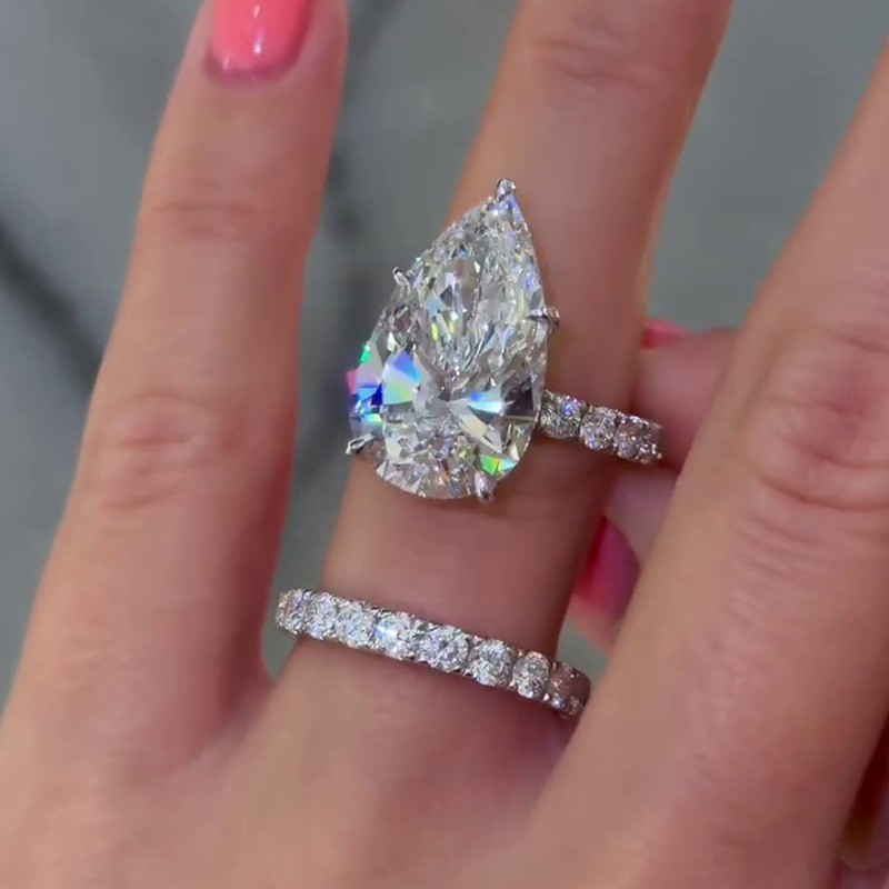 4.25 TCW Pear Cut Moissanite Bridal Set Engagement Ring 14K White Gold Plated