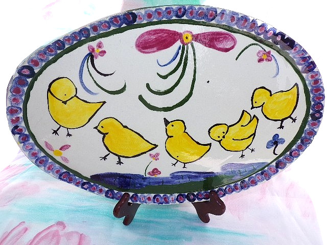 Studio Art Pottery Easter Yellow Chicks Appetizer Oval Plate Signed KINGA 15"