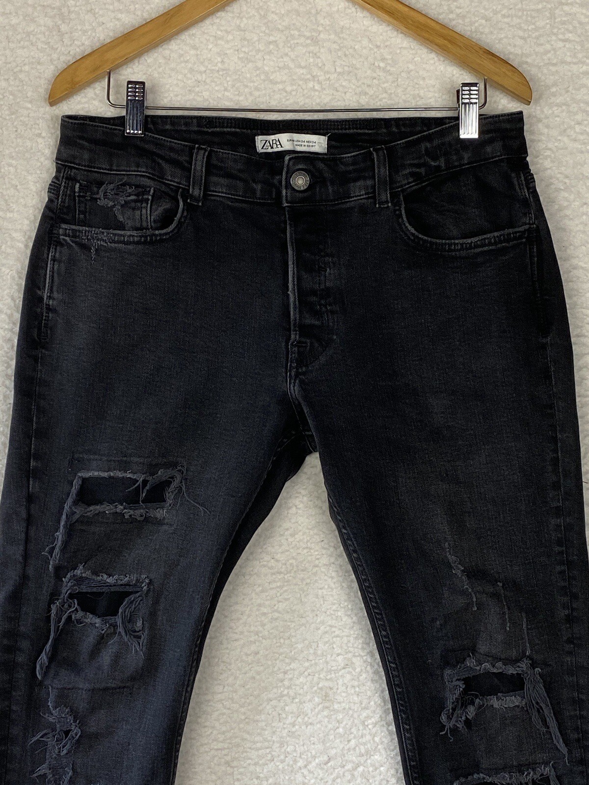 Zara Destressed Jeans Womens 34 Button Fly Cropped Black Skinny Raw Hem Mid Rise