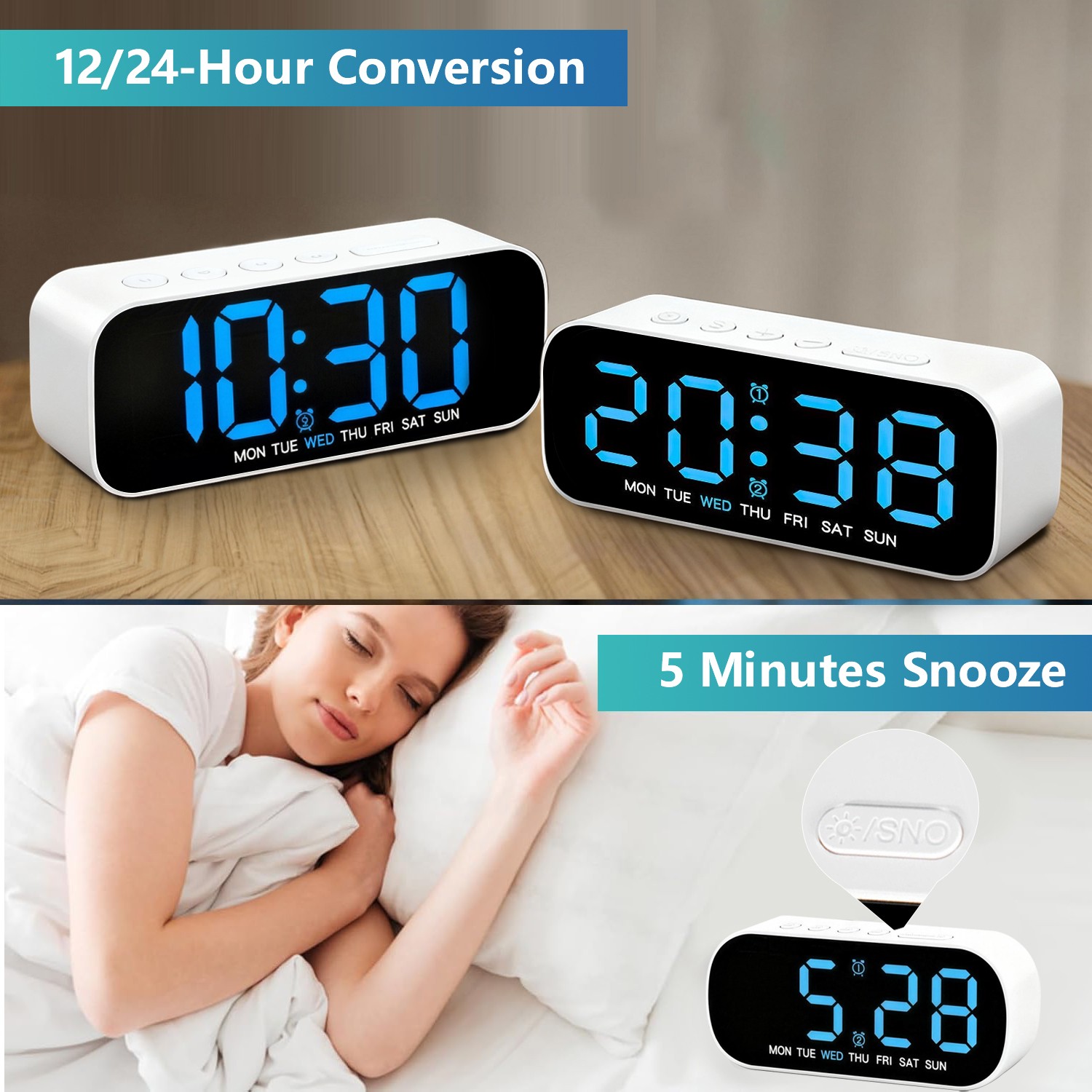 Electric Digital Alarm Clock LED Large Display Battery Backup Snooze Dual Alarm