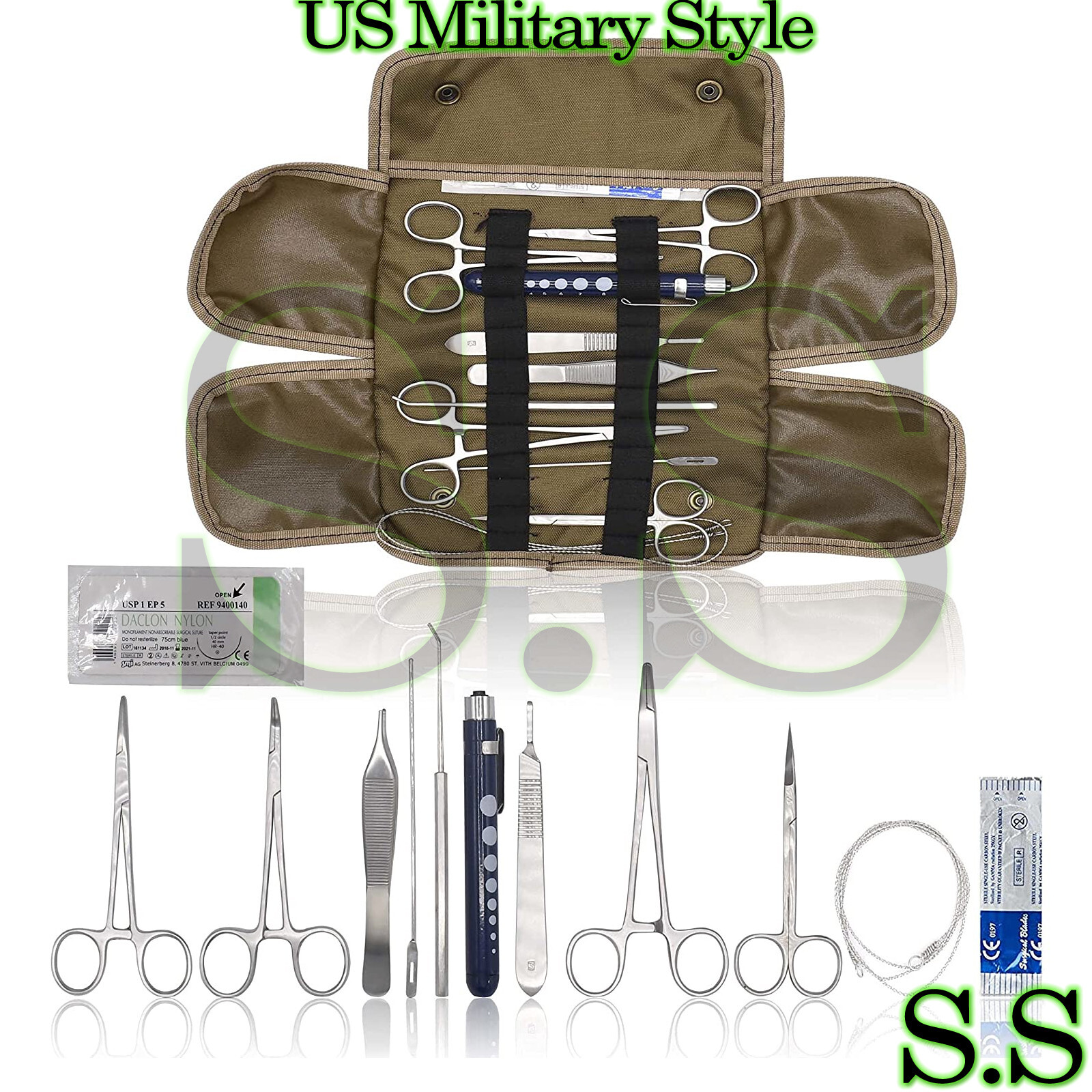 20 pcs Tan US Military Style Surplus Emergency Survival Kit with MOLLE Pouch