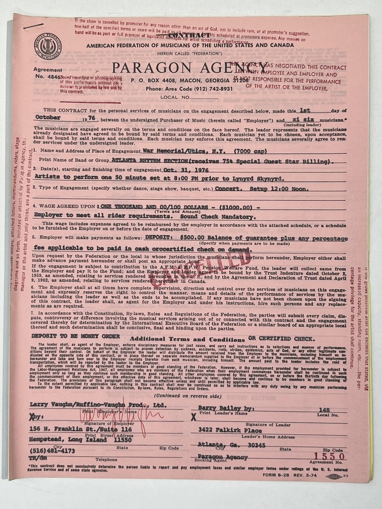 The Atlanta Rhythm Section Cancelled Concert Contract 1976 Utica NY