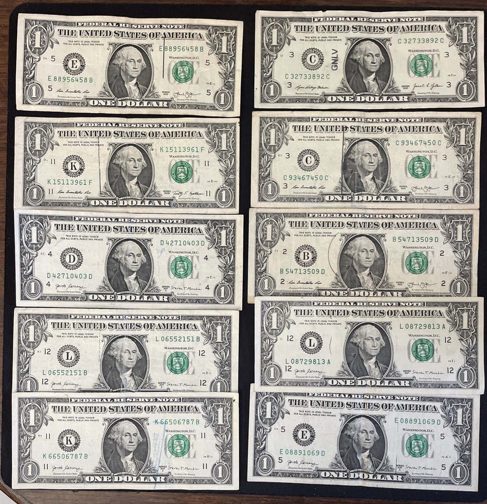 10 $1 FRN Bank Teller Stamp Errors. (WORTHLESS) Read Description!!!