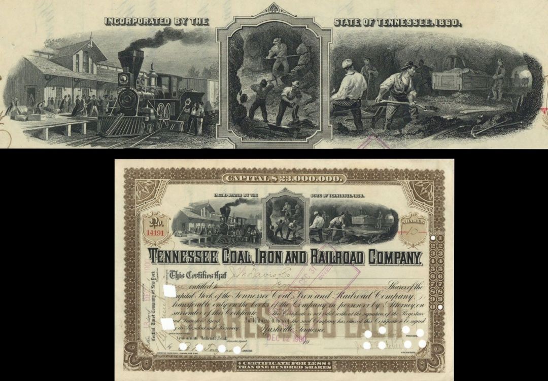 Tennessee Coal, Iron and Railroad Co. - 1898-1900 dated Railway Stock Certific