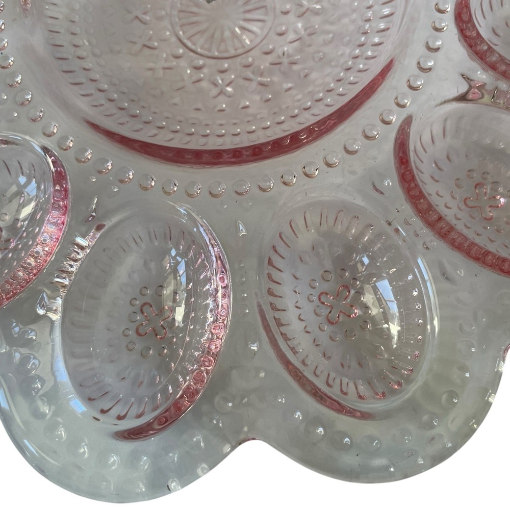 NEW Bunny Boulevard Pink Glass Devilled Egg Plate Platter 10in Embossed Easter