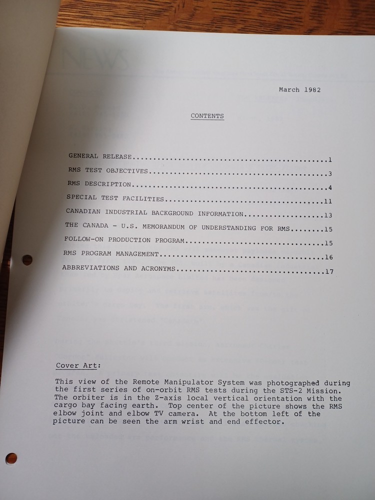 1982 STS-3 Press Kit Spar Aerospace Remote Manipulator System JRR23