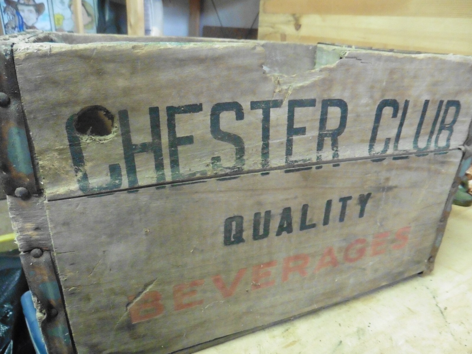 vtg Milk Crate wood metal Box Chester Club BeveragesRare Poughkeepsie 1950's