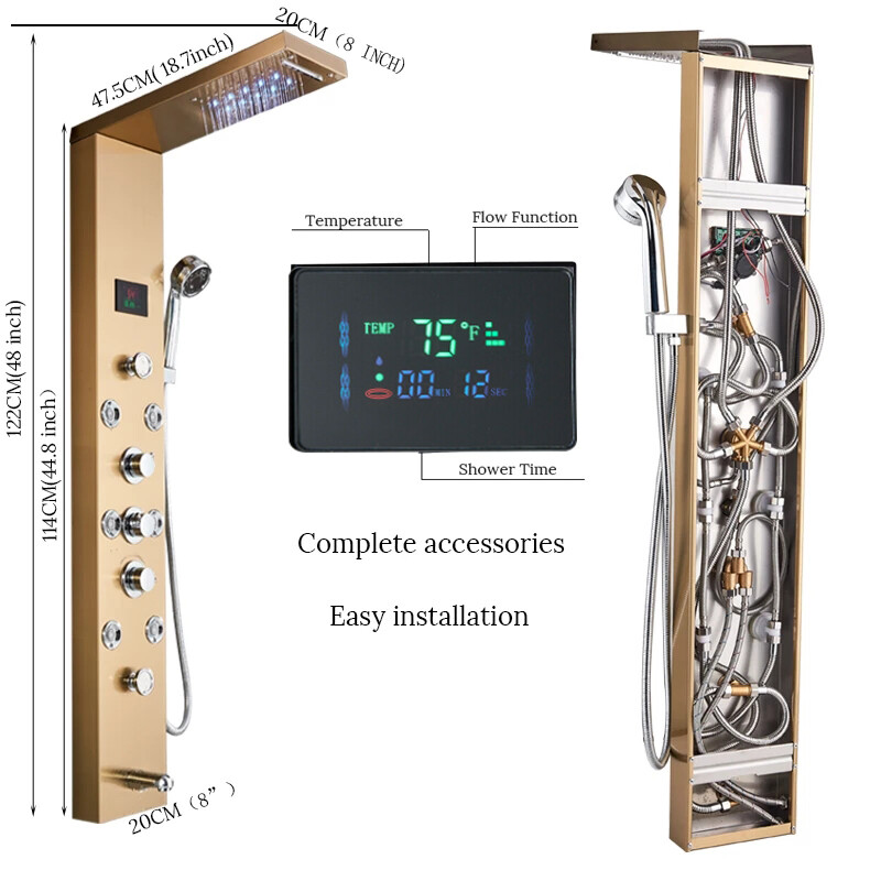 Brushed Gold Shower Panel Tower System Shower Tower Set with LED Rainfall Head