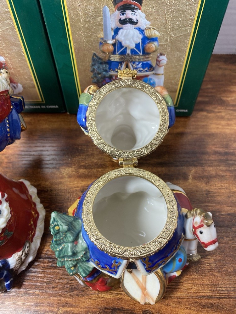 2 Traditions Porcelain Decorative Keepsake Box Hand Painted Santa & Nutcracker