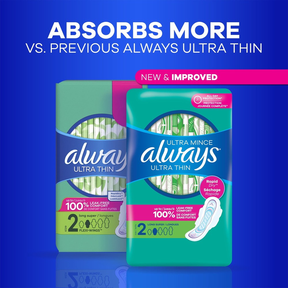 Always Ultra Thin Pads with Wings, Size 2, Long Super Absorbency, 58 Count