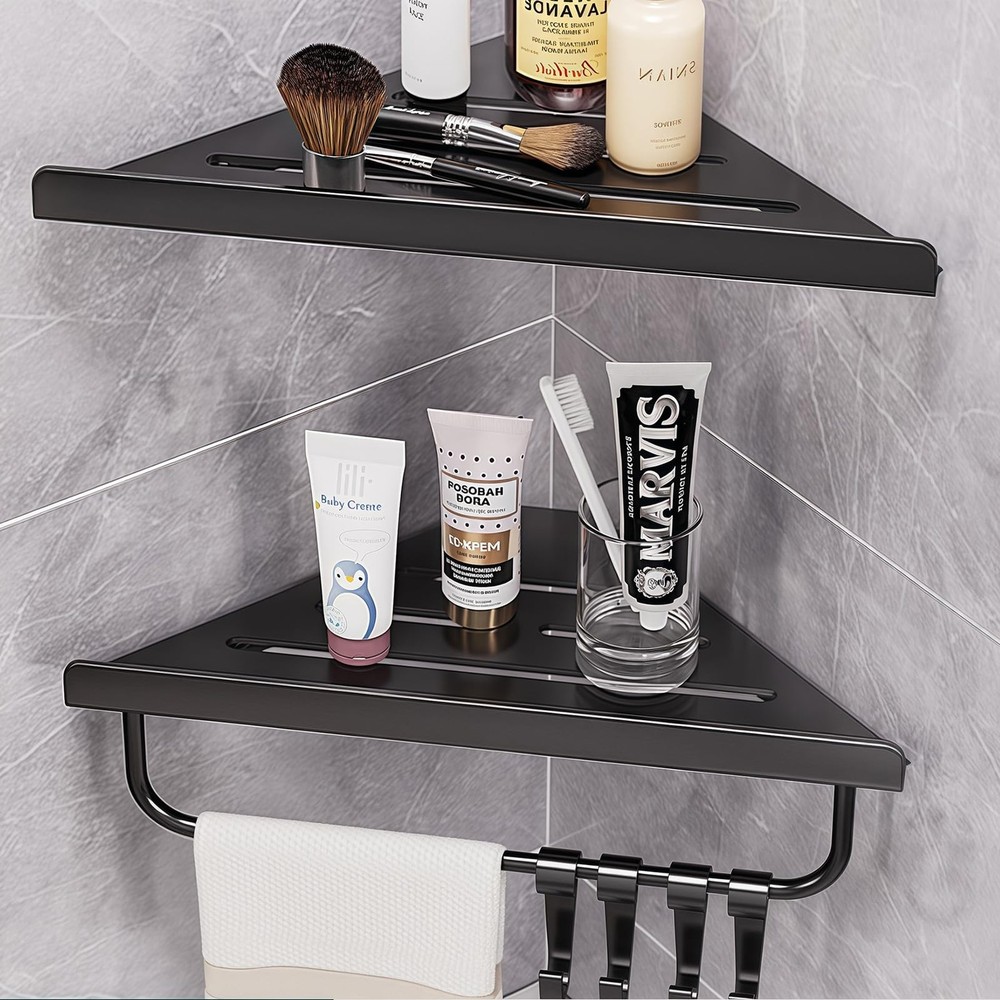2 Pack Black 2Layer Bathroom Corner Shower Caddy Shelves 4 Hooks Rust Proof