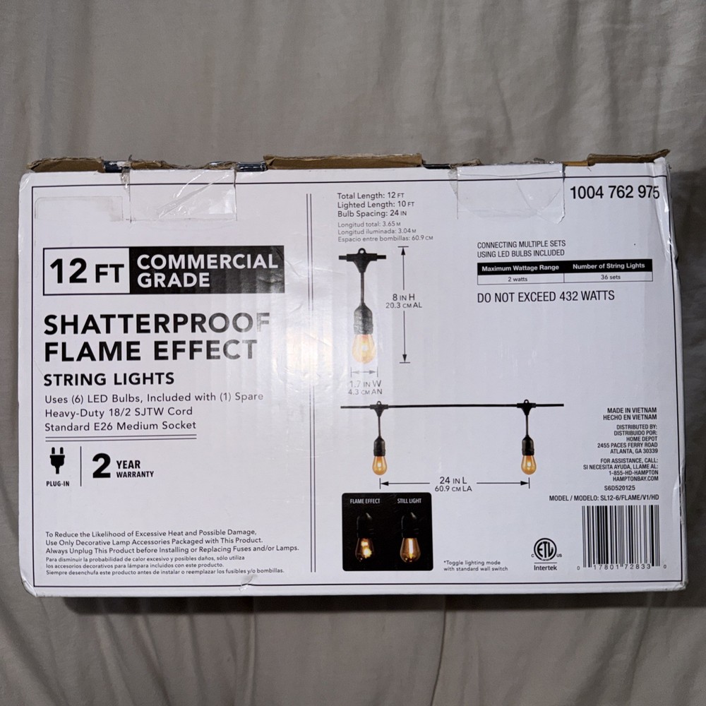 Hampton Bay FLAME EFFECT or SOLID 6-Light 12 ft. LED S14 String Lights