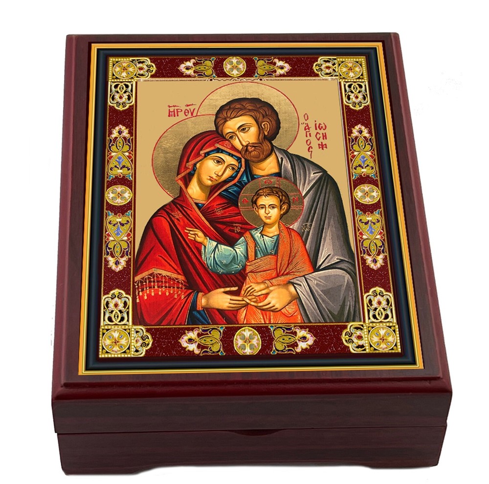 Holy Family Icon Box Rosary Box Jewelry Prayer Bead Keepsake Holder Wooden
