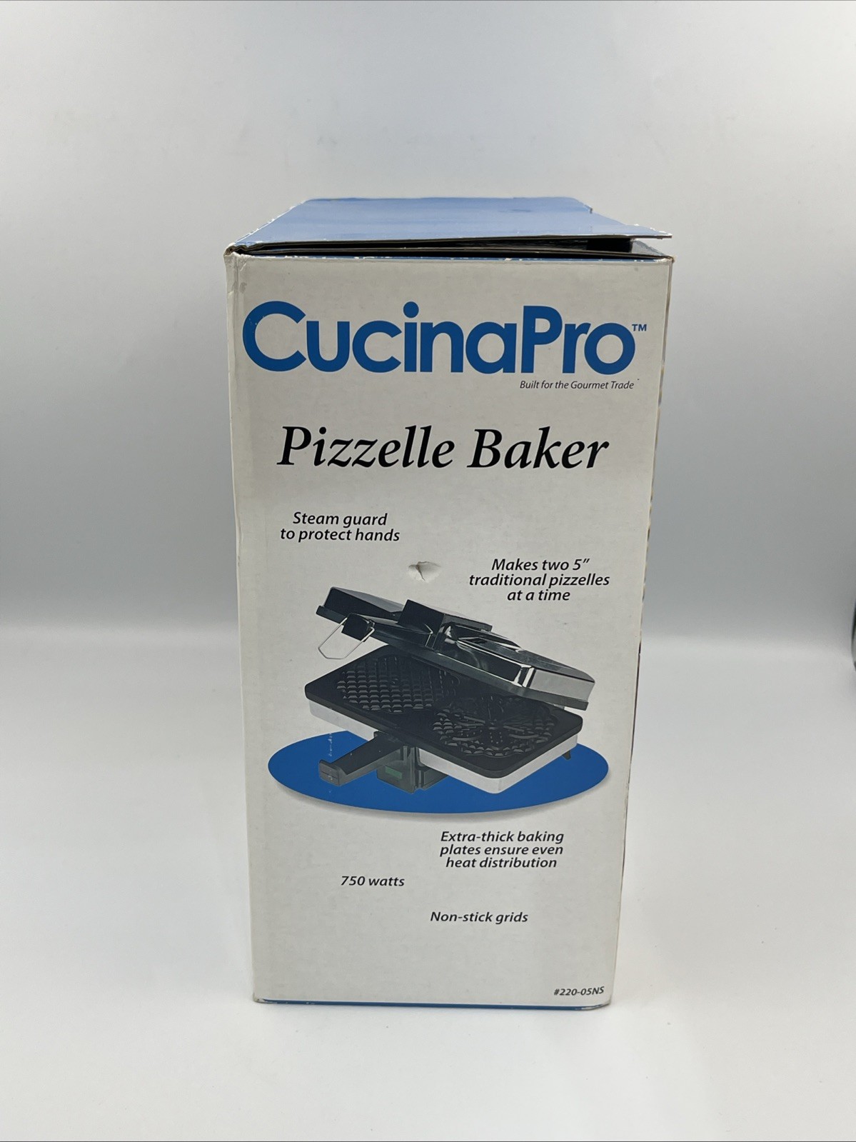 CucinaPro Pizzelle Baker 750 Watts Non-Stick Grids Two 5" 220-05NS Open Box