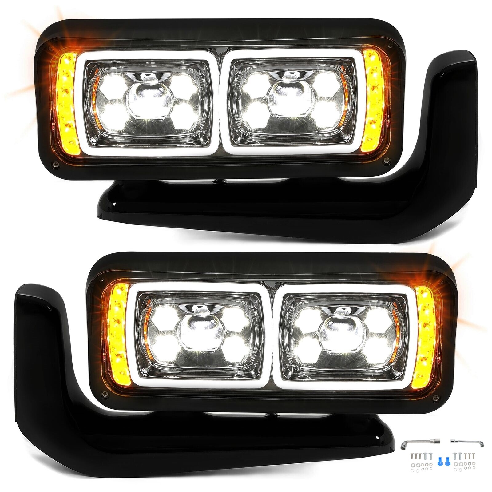 Full LED Headlights Assembly W/ Mounting Arm For Peterbilt 359 379 389 1981-2023