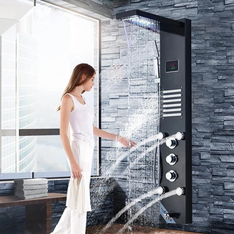 Shower Panel Tower LED Rain & Waterfall Head Massage System Waterfall Tub Spout