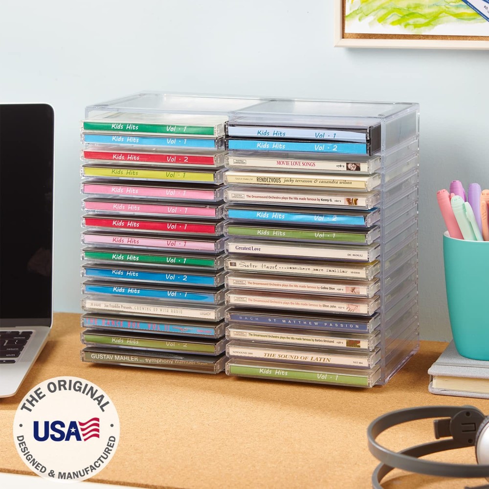 Stackable Clear Plastic CD Organizer with Rubber Feet | Rectangular Jewel Cas...