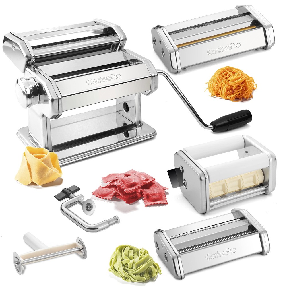 Pasta Maker Deluxe Set- Stainless Steel Machine w 3 Interchangeable Attachmen...