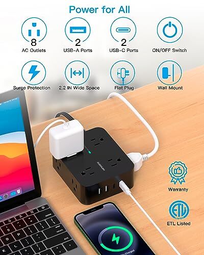 Power Strip Surge Protector 5Ft Ultra Thin Flat Plug Extension Cord with Mult...