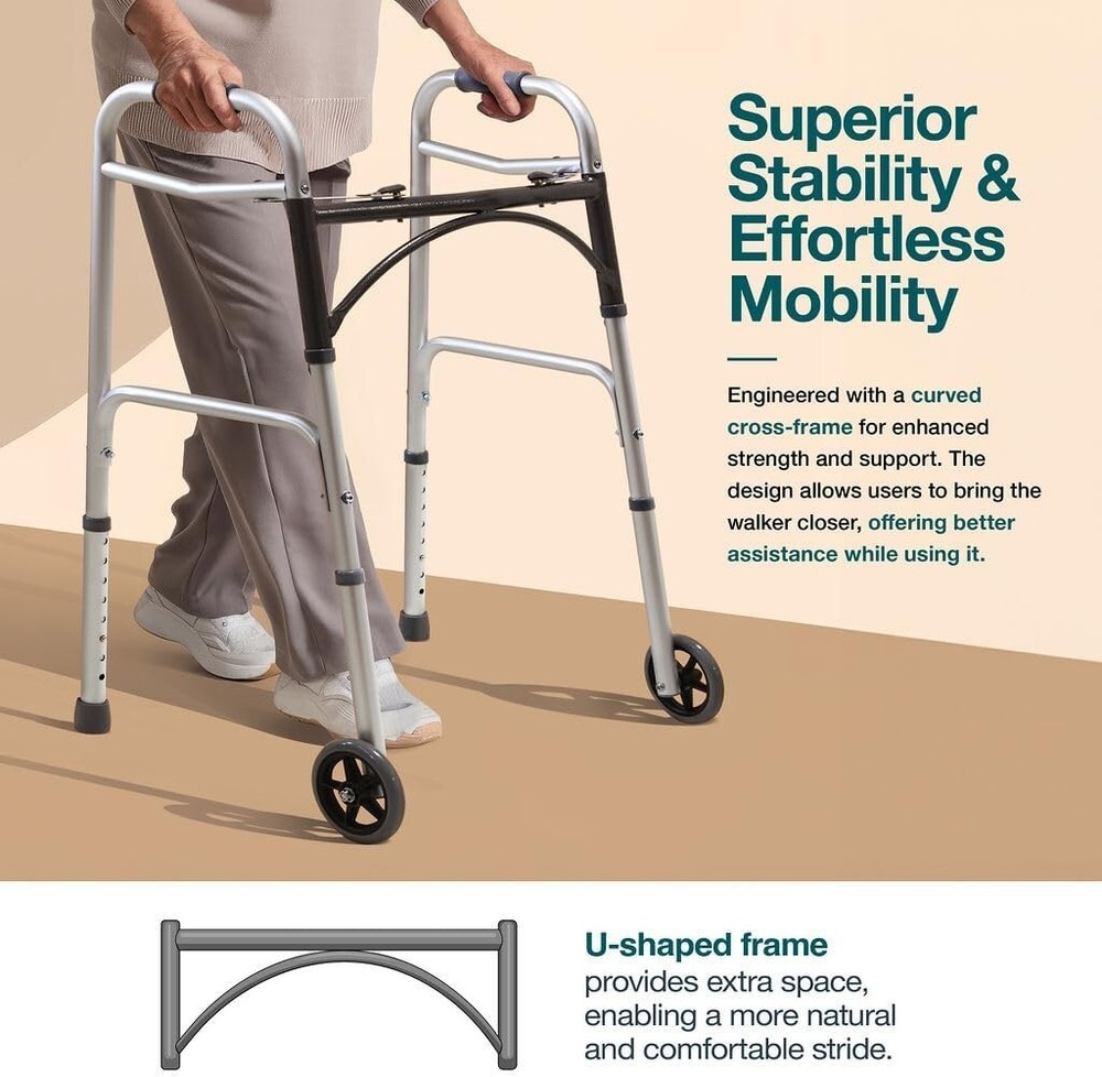 Lightweight, folding walker with wheels, supports 350 lbs, adjustable height