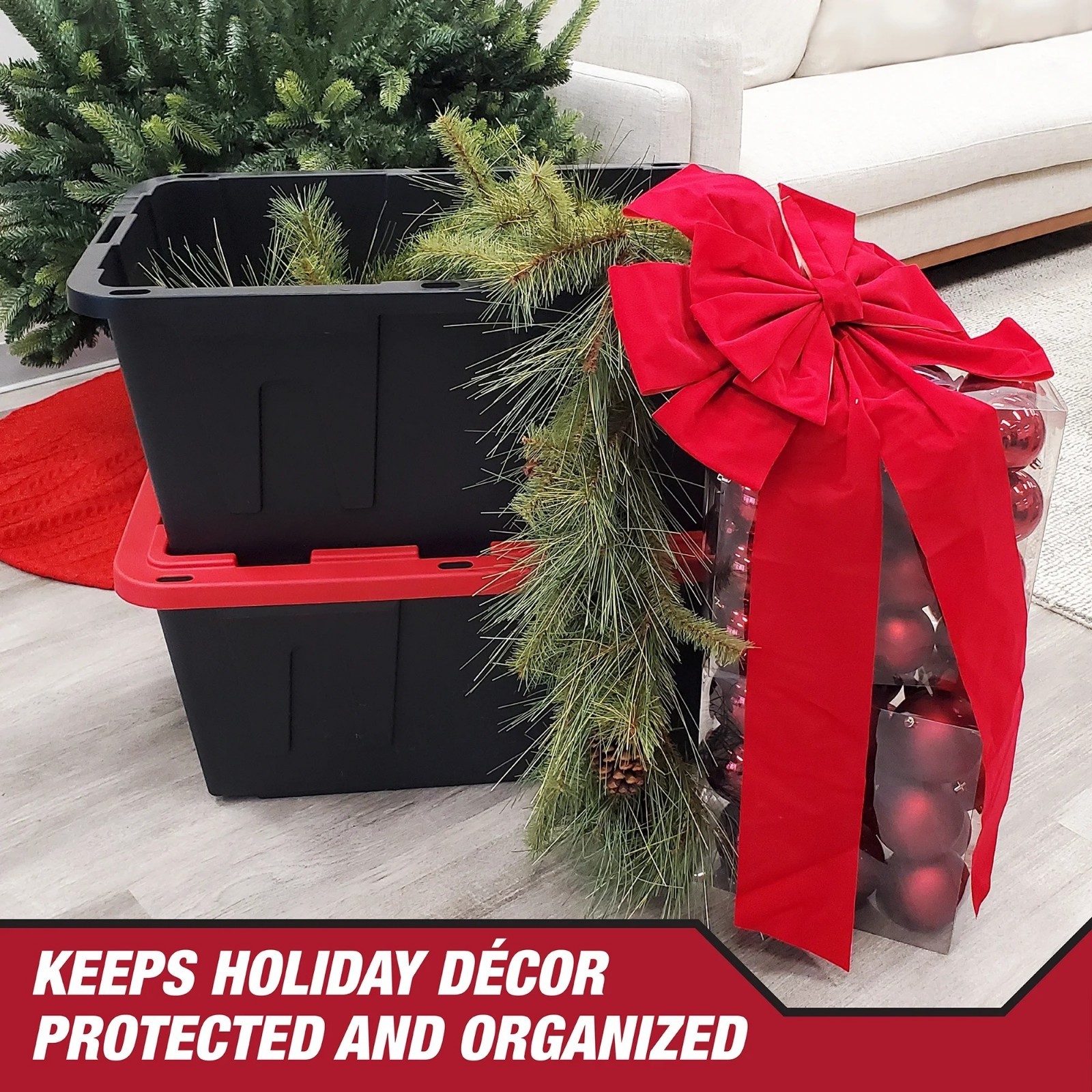 Hyper Tough 27 Gallon Snap Lid Plastic Storage Bin Container, Black with Red Lid