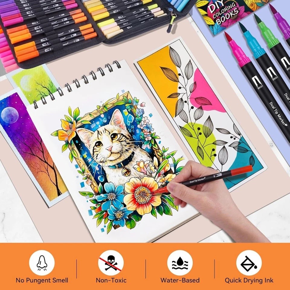 72 Colors Acrylic Paint Markers, Dual Tip Acrylic Paint Pens with Brush Tip & Fi