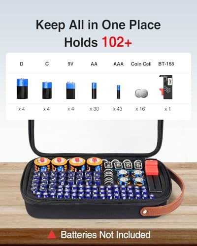 Battery Organizer Storage Case with Tester, Clear Batteries Black Medium