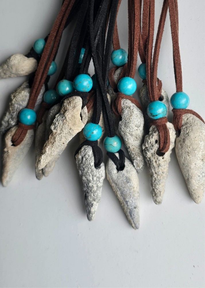 Fossil shell necklaces with turquoise gemstone bead