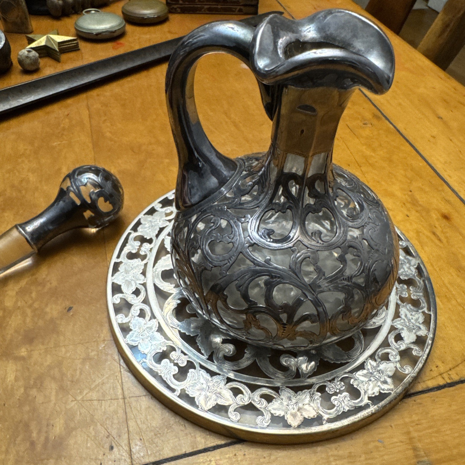 Antique Silver 999 100g Overlay Crystal Decanter /Webster Sterling Tray Unique!