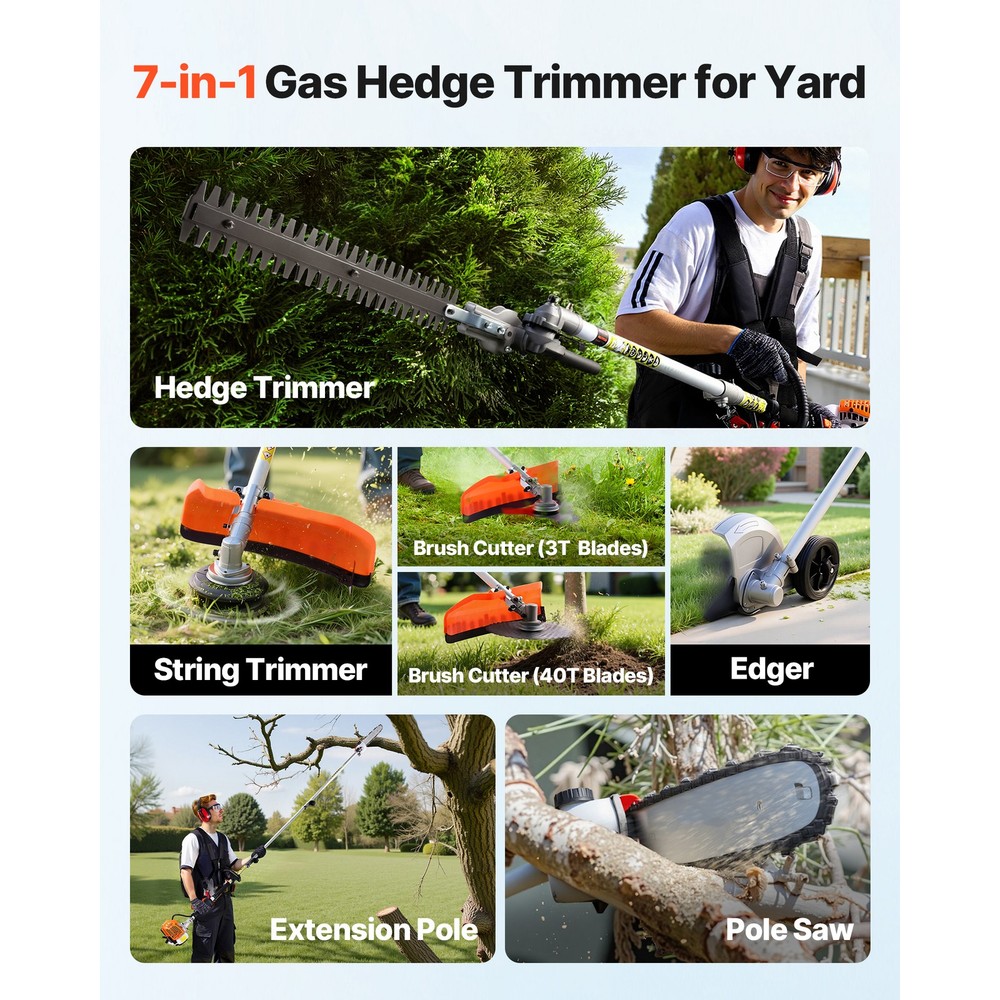 26cc Gas Hedge Trimmer, 7-in-1 Multi-Function w/ Pole Saw, Brus…