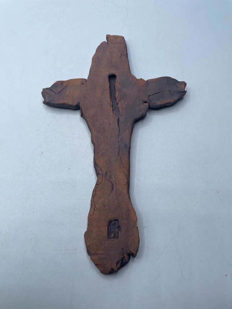 Handmade Abstract Pottery Cross Brown Signed Hanging