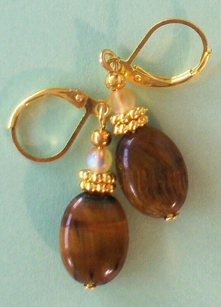 TIGER EYE oval frosted Crystal earring GP handcrafted LEVERBACK XX