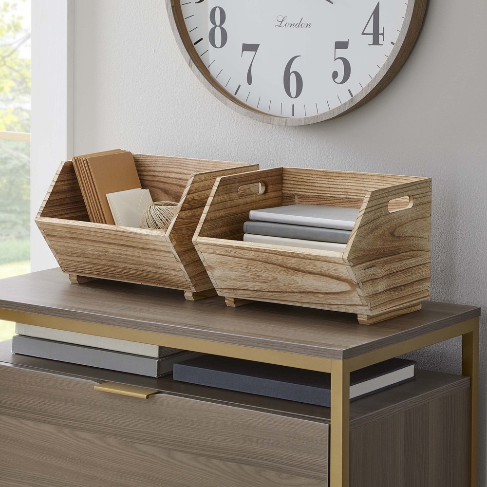 2-Pcs Natural Wood Stacking Open Front Decorative Storage Bin Modern