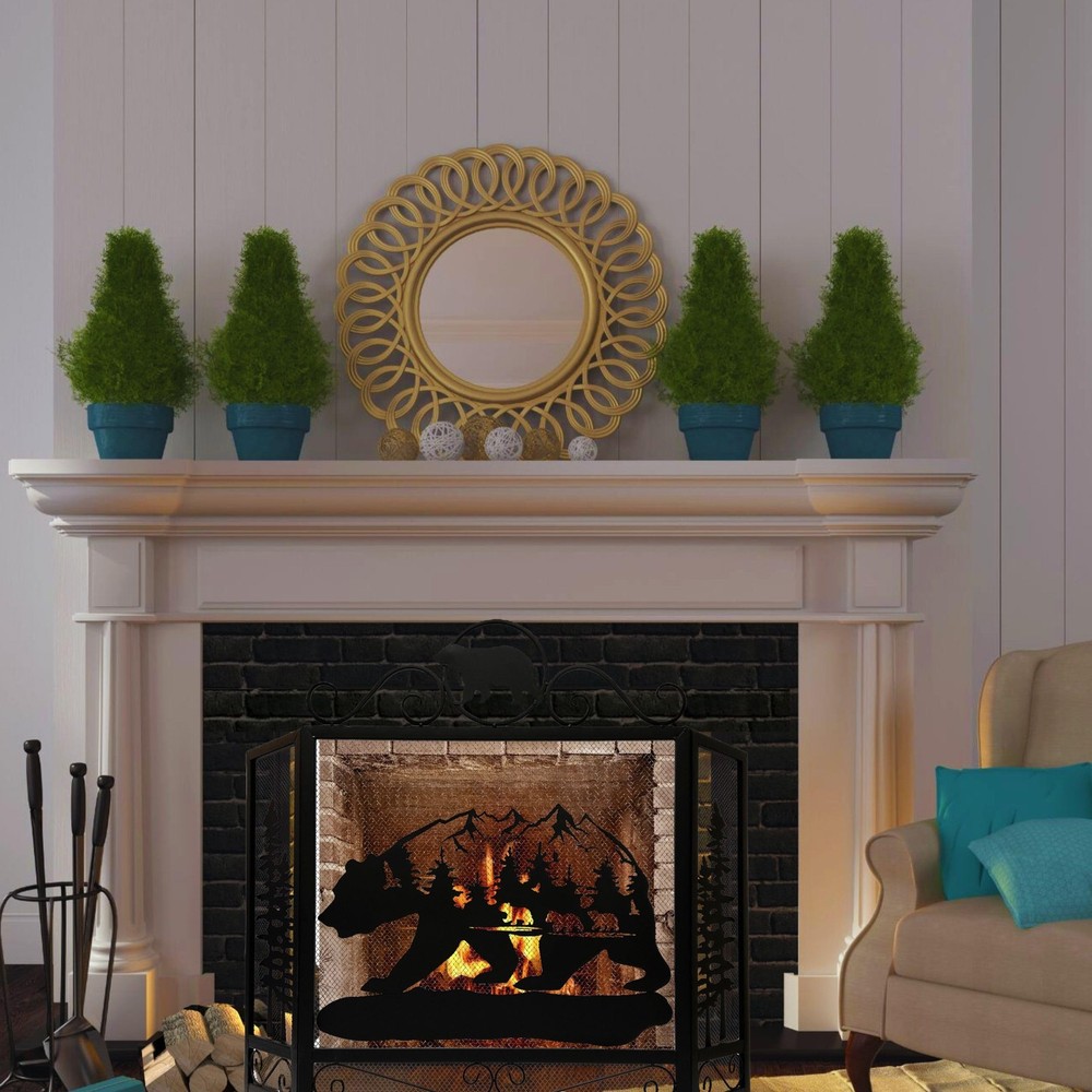 3-Panel Fireplace Screen with Bear and Mountain Scenery Design