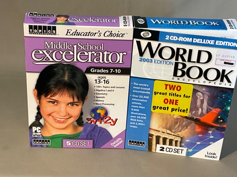 World Book 2003 Deluxe Edition 2-CD Set & Middle School Excelerator 5-CD Set NEW