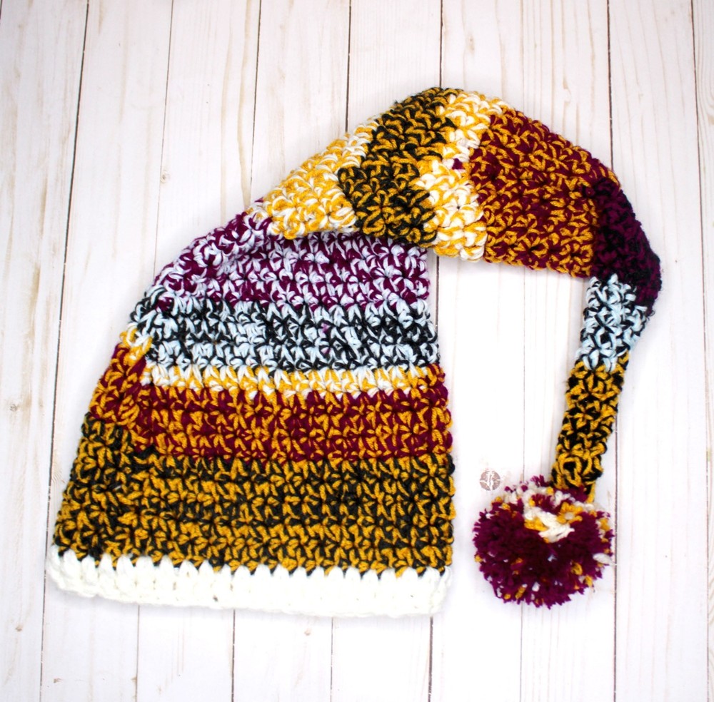Hand Crocheted Multicolor Woold Blend Elf Hat with Pom Pom