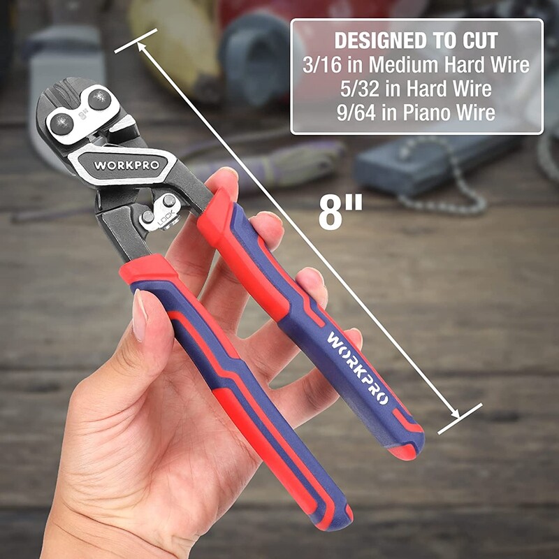WORKPRO 8 inch Mini Bolt Cutter with Bi-Material Ergonomic Handle Security Lock