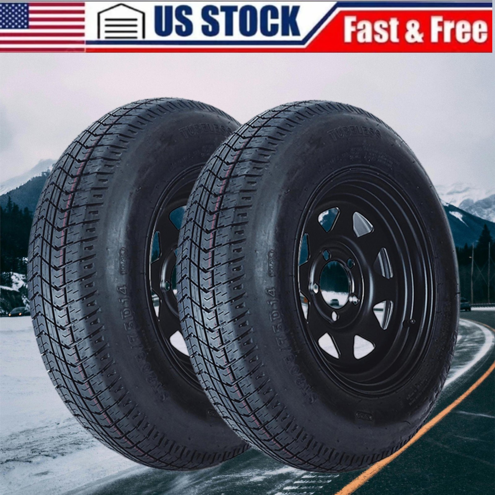 2-Pack Trailer Tire On Rim ST205/75D14 Trailer Tires Black Wheels 5 Lug on 4.5"